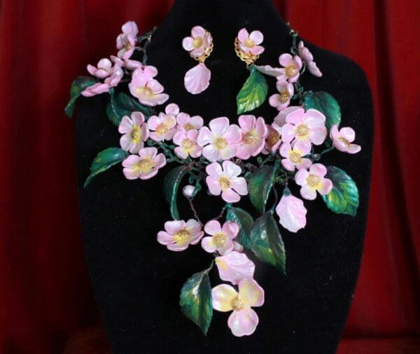 SOLD! 8671 Set Of Sakura blossom Hand Painted Massive Necklace+ Earrings