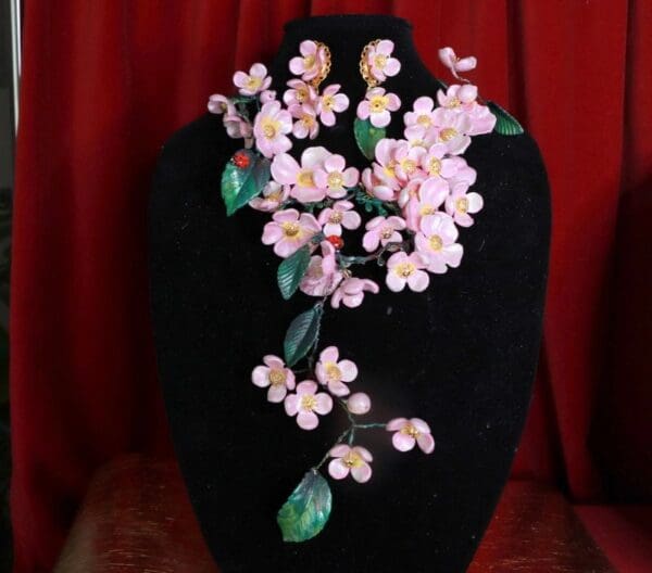 SOLD! 8672 Set Of Sakura blossom Hand Painted Massive Necklace+ Earrings - Image 2