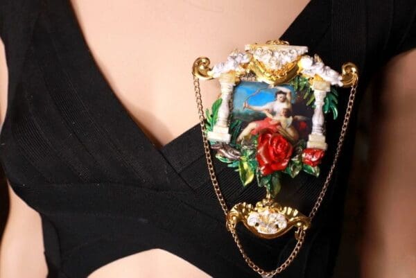 SOLD! 8675 Set Of Renaissance Paintings Cupid Rose Huge Stunning Brooch+ Earrings - Image 6