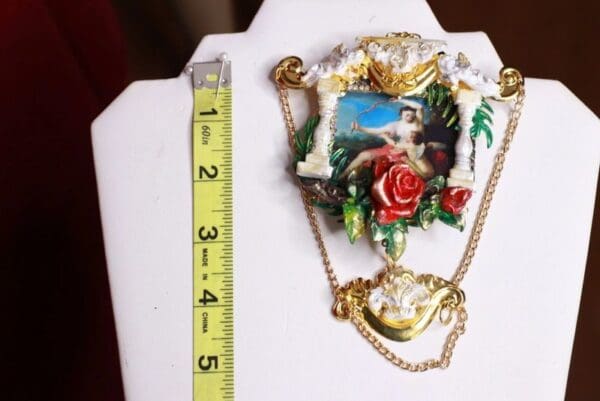 SOLD! 8675 Set Of Renaissance Paintings Cupid Rose Huge Stunning Brooch+ Earrings - Image 10