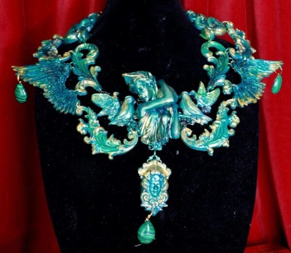 SOLD! 8678 Medieval Art Jewelry 3D Effect Hand Painted Roman Statue Malachite Stone effect Necklace - Image 5