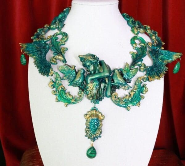 SOLD! 8678 Medieval Art Jewelry 3D Effect Hand Painted Roman Statue Malachite Stone effect Necklace