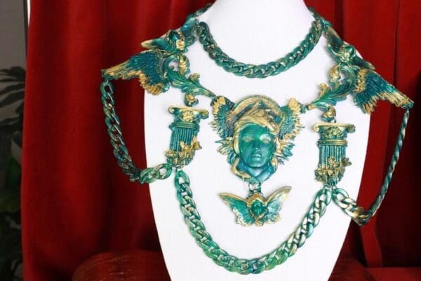 SOLD! 8679 Medieval Art Jewelry 3D Effect Hand Painted Medusa Gorgon Malachite Stone effect Necklace - Image 7