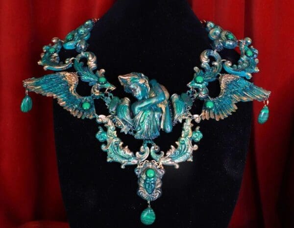 SOLD! 8683 Medieval Art Jewelry 3D Effect Hand Painted Roman Statue Malachite Stone effect Necklace - Image 3