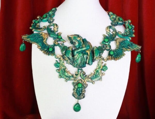SOLD! 8683 Medieval Art Jewelry 3D Effect Hand Painted Roman Statue Malachite Stone effect Necklace