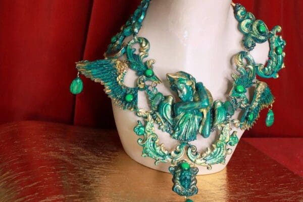 SOLD! 8683 Medieval Art Jewelry 3D Effect Hand Painted Roman Statue Malachite Stone effect Necklace - Image 6