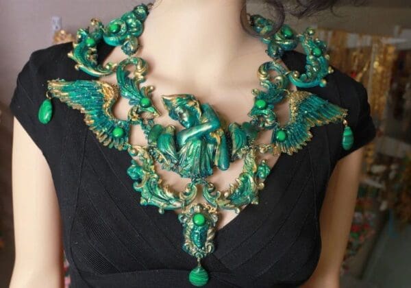 SOLD! 8683 Medieval Art Jewelry 3D Effect Hand Painted Roman Statue Malachite Stone effect Necklace - Image 8