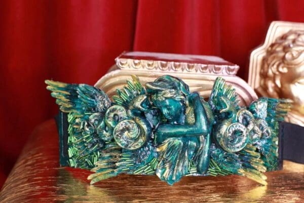 SOLD! 8684 Medieval Art Jewelry 3D Effect Hand Painted Roman Statue Malachite Stone effect Embellished wide Waist Belt size S, M, L - Image 5