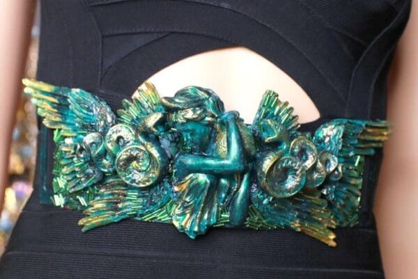 SOLD! 8684 Medieval Art Jewelry 3D Effect Hand Painted Roman Statue Malachite Stone effect Embellished wide Waist Belt size S, M, L - Image 6