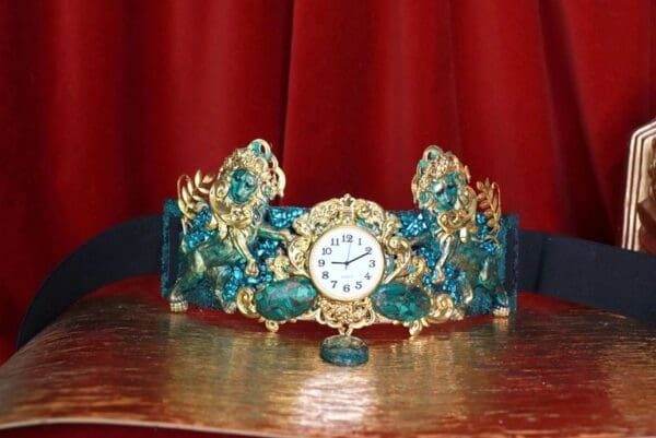 SOLD! 8686 Medieval Art Jewelry 3D Effect Hand Painted Clock Lions Malachite Stone effect Embellished wide Waist Belt size S, M, L - Image 4