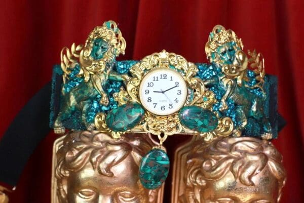 SOLD! 8686 Medieval Art Jewelry 3D Effect Hand Painted Clock Lions Malachite Stone effect Embellished wide Waist Belt size S, M, L - Image 5