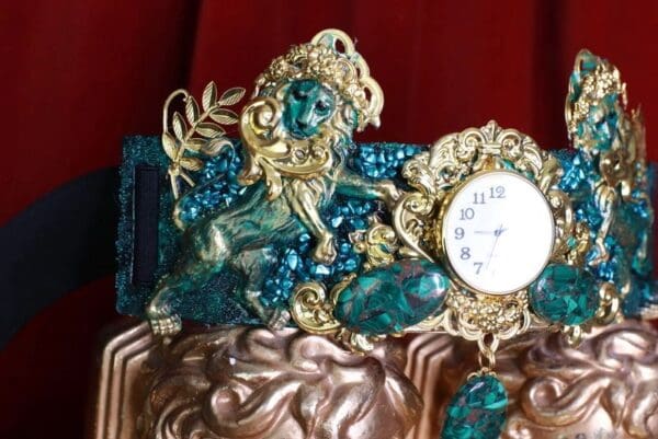SOLD! 8686 Medieval Art Jewelry 3D Effect Hand Painted Clock Lions Malachite Stone effect Embellished wide Waist Belt size S, M, L - Image 6