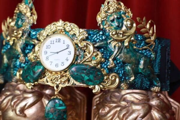 SOLD! 8686 Medieval Art Jewelry 3D Effect Hand Painted Clock Lions Malachite Stone effect Embellished wide Waist Belt size S, M, L - Image 7