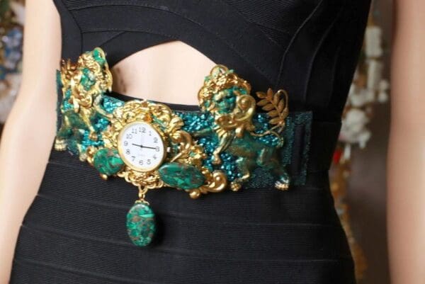 SOLD! 8686 Medieval Art Jewelry 3D Effect Hand Painted Clock Lions Malachite Stone effect Embellished wide Waist Belt size S, M, L - Image 2