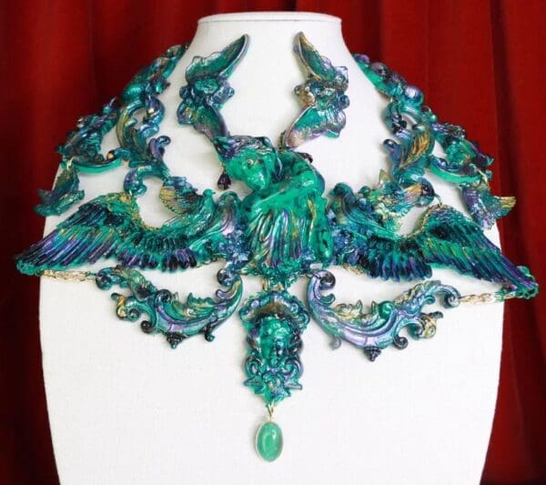 SOLD! 8691 Medieval Art Jewelry 3D Effect Hand Painted Roman Statue Iridescent Malachite Stone effect Necklace