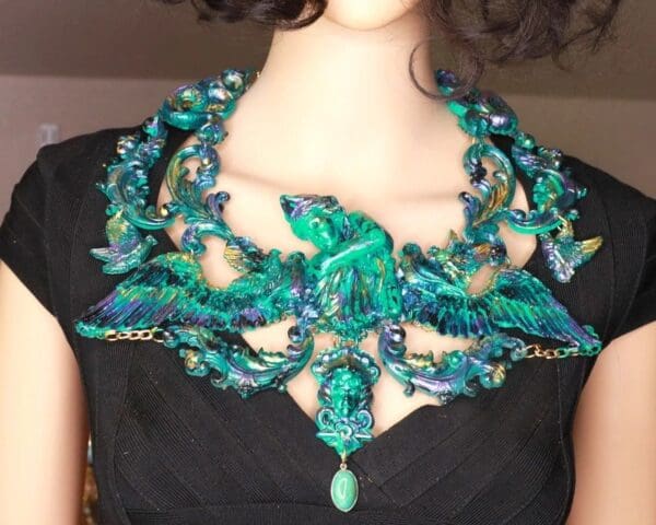 SOLD! 8691 Medieval Art Jewelry 3D Effect Hand Painted Roman Statue Iridescent Malachite Stone effect Necklace - Image 5
