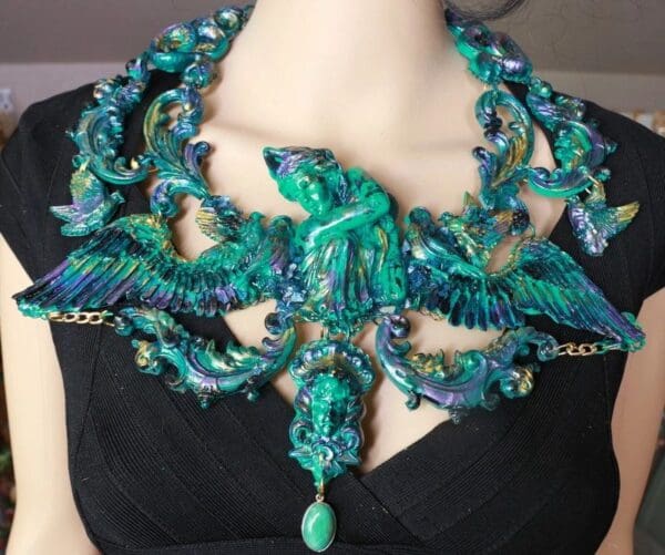 SOLD! 8691 Medieval Art Jewelry 3D Effect Hand Painted Roman Statue Iridescent Malachite Stone effect Necklace - Image 8