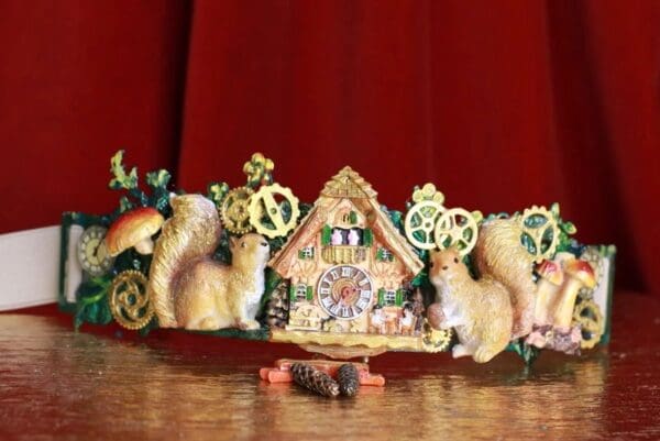 SOLD! 8692 Art Jewelry Oak Coo Coo Clock Squirrels Embellished Waist Gold Belt Size S, L, M - Image 2