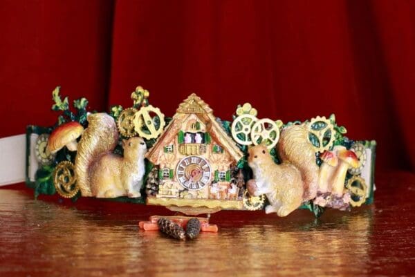 SOLD! 8692 Art Jewelry Oak Coo Coo Clock Squirrels Embellished Waist Gold Belt Size S, L, M - Image 3