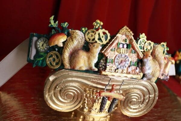SOLD! 8692 Art Jewelry Oak Coo Coo Clock Squirrels Embellished Waist Gold Belt Size S, L, M - Image 5