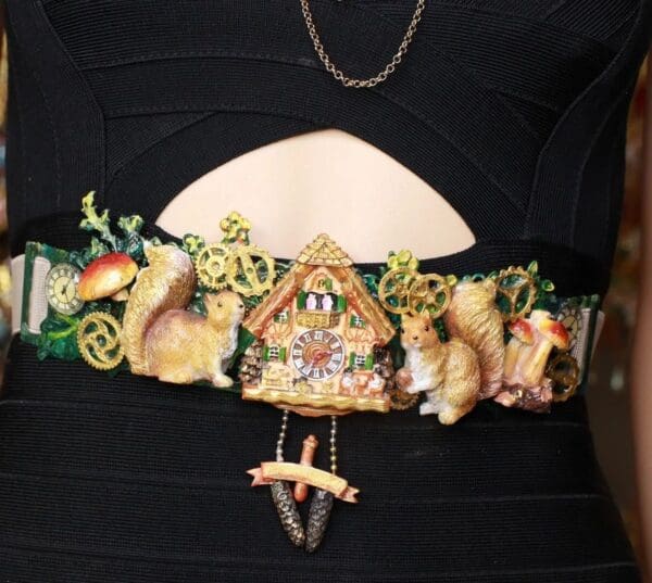 SOLD! 8692 Art Jewelry Oak Coo Coo Clock Squirrels Embellished Waist Gold Belt Size S, L, M