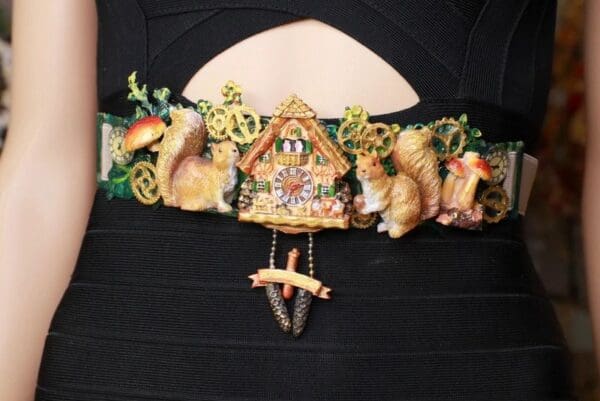 SOLD! 8692 Art Jewelry Oak Coo Coo Clock Squirrels Embellished Waist Gold Belt Size S, L, M - Image 6
