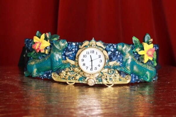 SOLD! 8693 Medieval Art Jewelry 3D Effect Hand Painted Clock Japanese Malachite Stone effect Embellished wide Waist Belt size S, M, L - Image 2