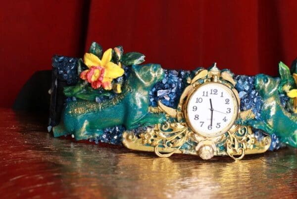 SOLD! 8693 Medieval Art Jewelry 3D Effect Hand Painted Clock Japanese Malachite Stone effect Embellished wide Waist Belt size S, M, L - Image 3