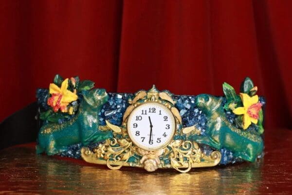 SOLD! 8693 Medieval Art Jewelry 3D Effect Hand Painted Clock Japanese Malachite Stone effect Embellished wide Waist Belt size S, M, L - Image 4