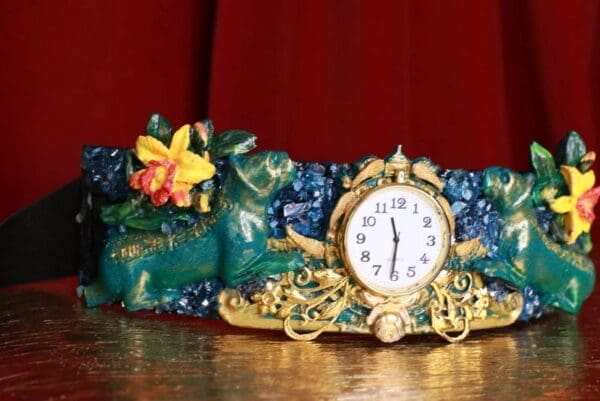 SOLD! 8693 Medieval Art Jewelry 3D Effect Hand Painted Clock Japanese Malachite Stone effect Embellished wide Waist Belt size S, M, L - Image 5