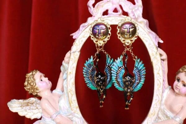SOLD! 8704 Egyptian Revival Bastet Enamel Studs Earrings