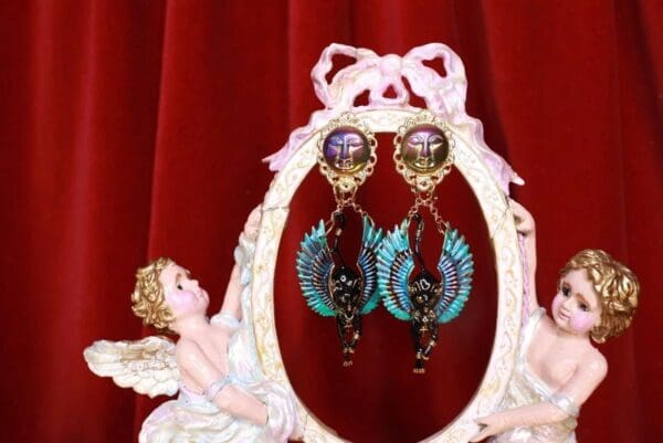 SOLD! 8704 Egyptian Revival Bastet Enamel Studs Earrings - Image 6