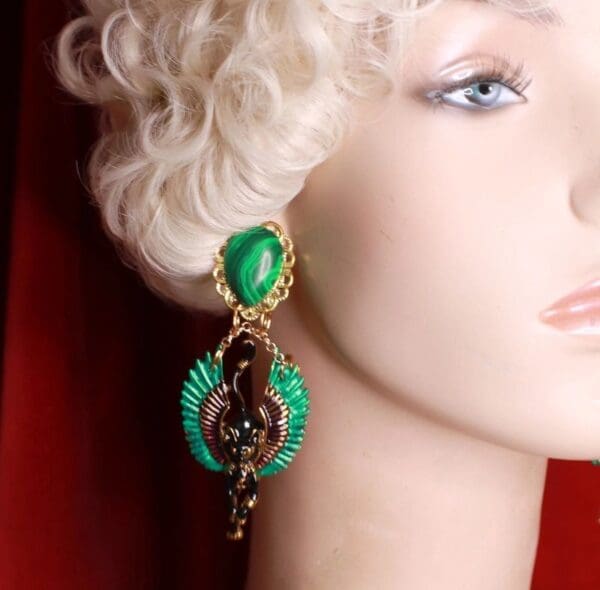 SOLD! 8705 Egyptian Revival Bastet Enamel Genuine Malachite Studs Earrings - Image 4