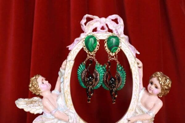 SOLD! 8705 Egyptian Revival Bastet Enamel Genuine Malachite Studs Earrings - Image 6