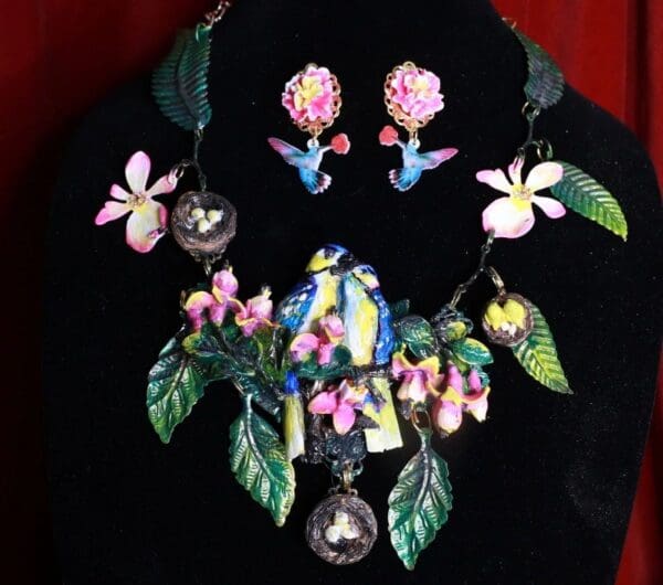 SOLD! 8707 Set Of Hand Painted 3D Effect Art Jewelry Birds Blue Jay Necklace+ Earrings - Image 3