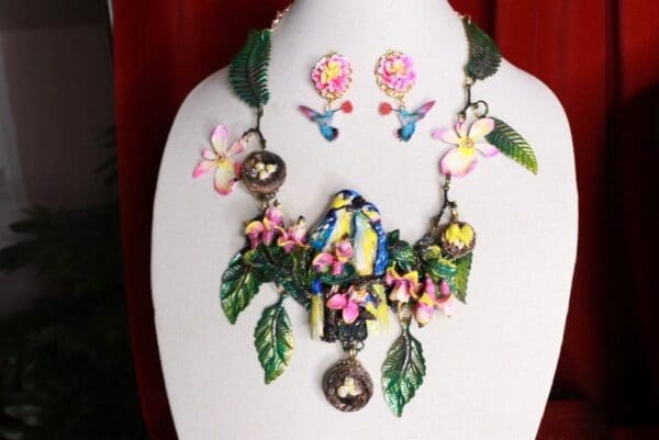 SOLD! 8707 Set Of Hand Painted 3D Effect Art Jewelry Birds Blue Jay Necklace+ Earrings - Image 2