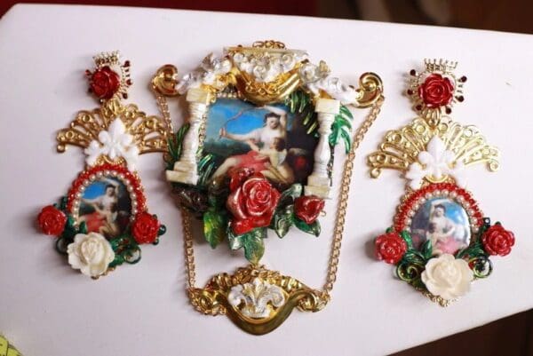 SOLD! 8675 Set Of Renaissance Paintings Cupid Rose Huge Stunning Brooch+ Earrings