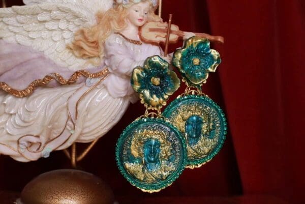 SOLD! 8714 French Liberty Malachite Effect Massive Light Weight Studs Earrings - Image 4