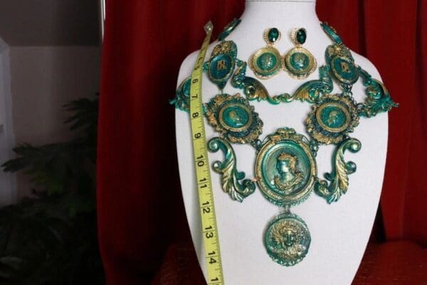 SOLD! 8715 Set Of French Emperor Art Jewelry 3D Effect Hand Painted Malachite Stone effect Necklace+ Earrings - Image 4