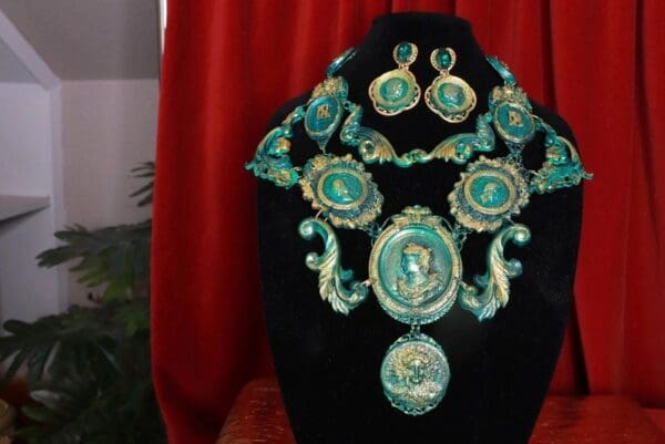 SOLD! 8715 Set Of French Emperor Art Jewelry 3D Effect Hand Painted Malachite Stone effect Necklace+ Earrings - Image 2