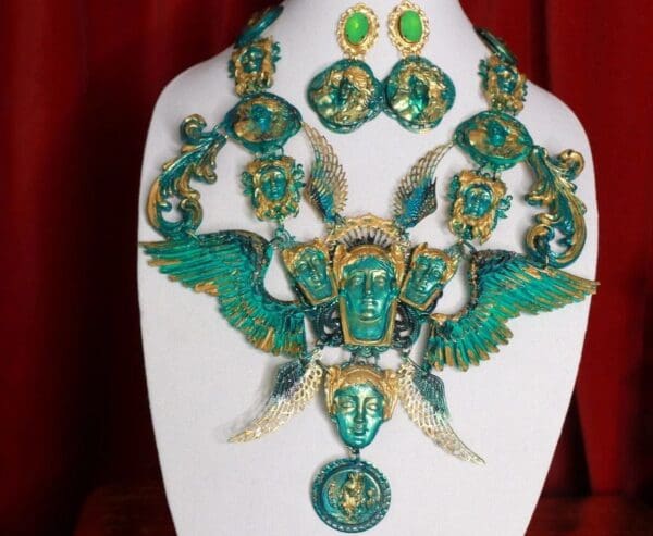 SOLD! 8717 Set Of Roman Statues Art Jewelry 3D Effect Hand Painted Malachite Stone effect Necklace+ Earrings - Image 3