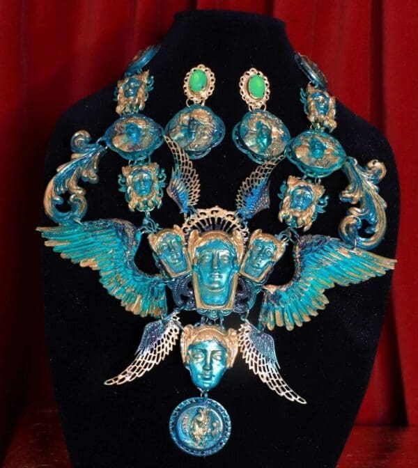 SOLD! 8717 Set Of Roman Statues Art Jewelry 3D Effect Hand Painted Malachite Stone effect Necklace+ Earrings - Image 5