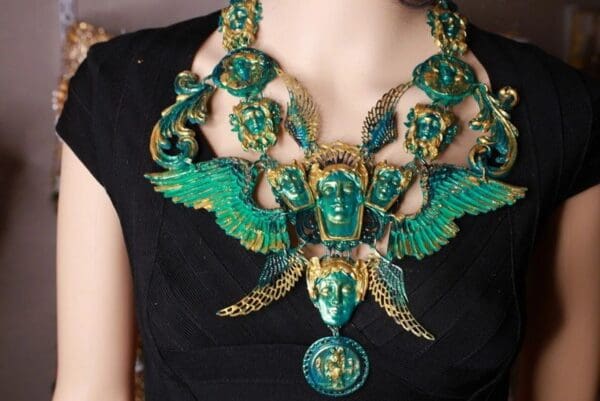 SOLD! 8717 Set Of Roman Statues Art Jewelry 3D Effect Hand Painted Malachite Stone effect Necklace+ Earrings - Image 2