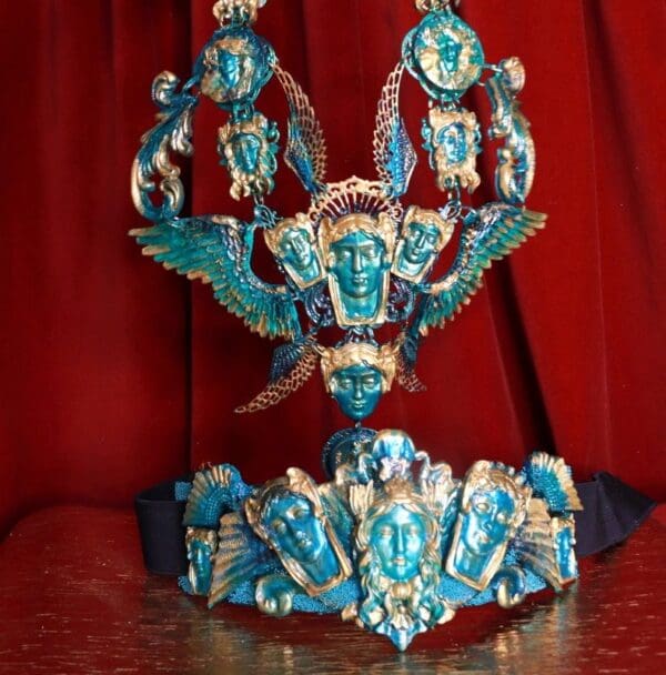 SOLD! 8717 Set Of Roman Statues Art Jewelry 3D Effect Hand Painted Malachite Stone effect Necklace+ Earrings