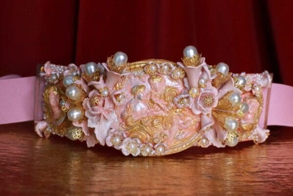 SOLD! 8723 Art Nouveau Carved Cameo Vintage Style Salmon Embellished Waist Gold Belt Size S, L, M