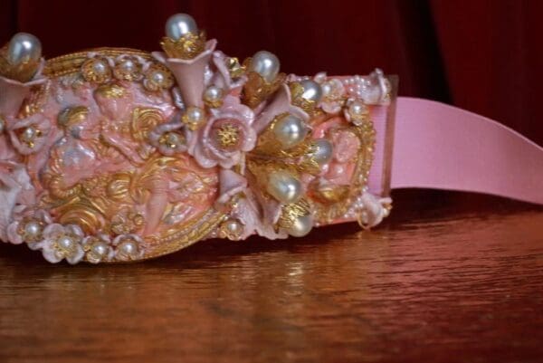 SOLD! 8723 Art Nouveau Carved Cameo Vintage Style Salmon Embellished Waist Gold Belt Size S, L, M - Image 3