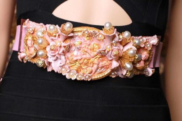 SOLD! 8723 Art Nouveau Carved Cameo Vintage Style Salmon Embellished Waist Gold Belt Size S, L, M - Image 4