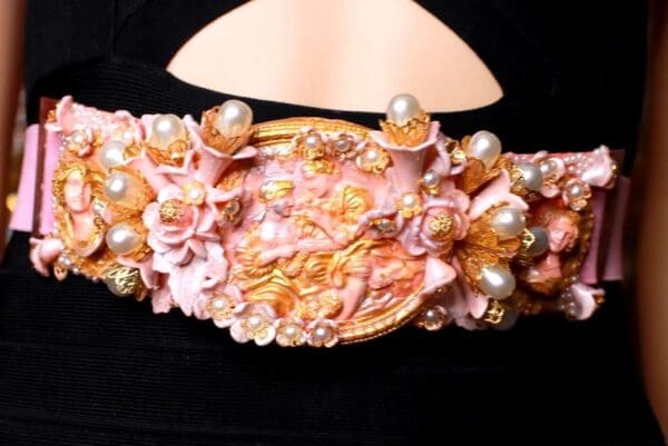 SOLD! 8723 Art Nouveau Carved Cameo Vintage Style Salmon Embellished Waist Gold Belt Size S, L, M - Image 6