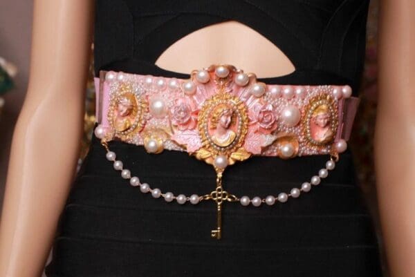 SOLD! 8724 Art Nouveau Carved Cameo Vintage Style Salmon Embellished Waist Gold Belt Size S, L, M - Image 3