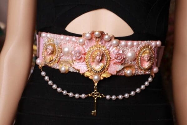 SOLD! 8724 Art Nouveau Carved Cameo Vintage Style Salmon Embellished Waist Gold Belt Size S, L, M - Image 4